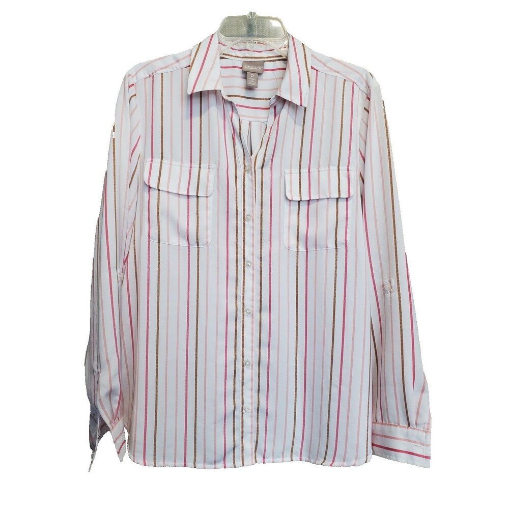Chico's White Multicolor Stripe Roll-Tab Sleeve Button-Up Shirt Size 2 Large